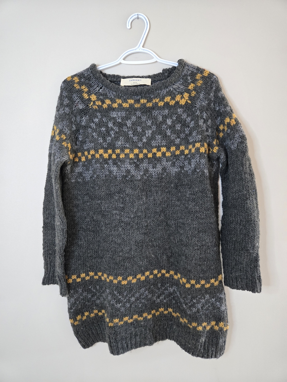 Zara gray crewneck sweater, mustard fair isle print, wool blend, made in italy
